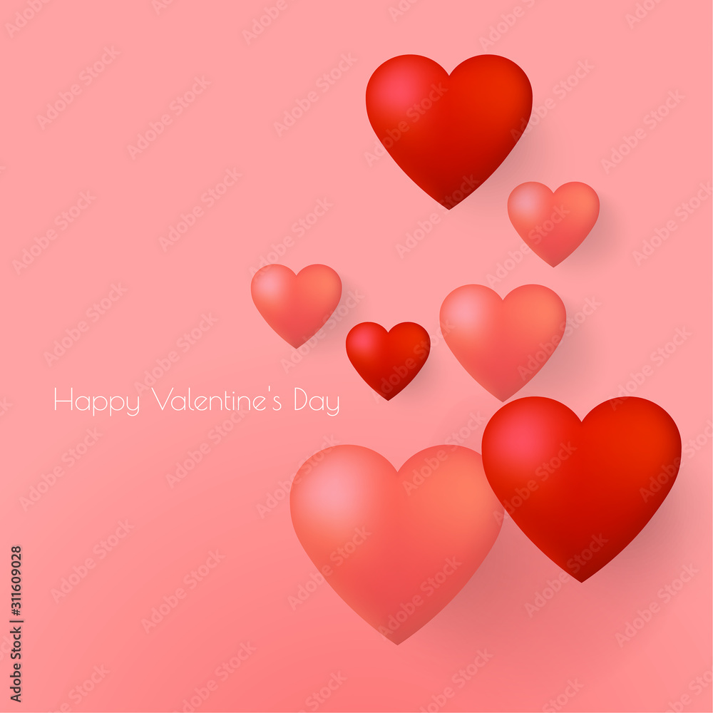 Happy Valentines Day greeting card vector template. Romantic poster with 3d hearts. Vector illustrtation.