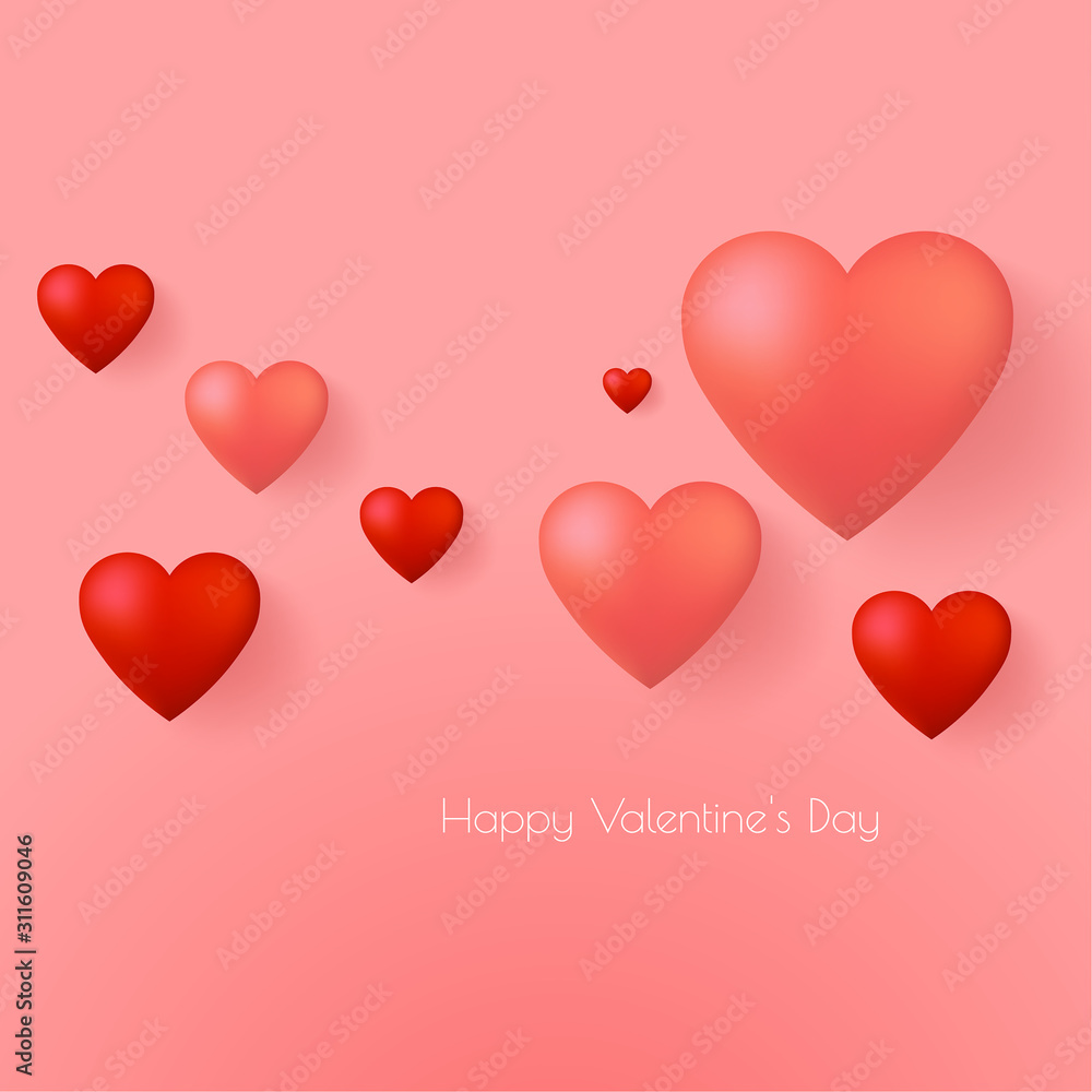 Happy Valentines Day greeting card vector template. Romantic poster with 3d red hearts. Vector illustrtation.