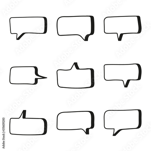 Vector set of hand drawn speech bubbles. Doodle style speaking bubbles isolated on white background.