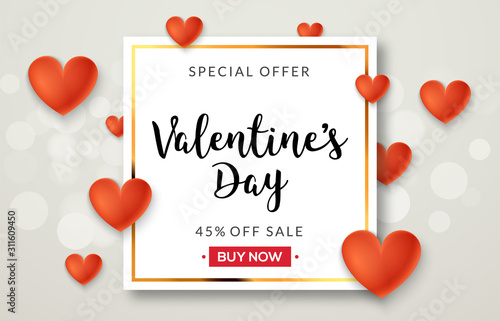 Valentines day sale vector banner background with hearts. Valentine discount holiday poster template for promo sale