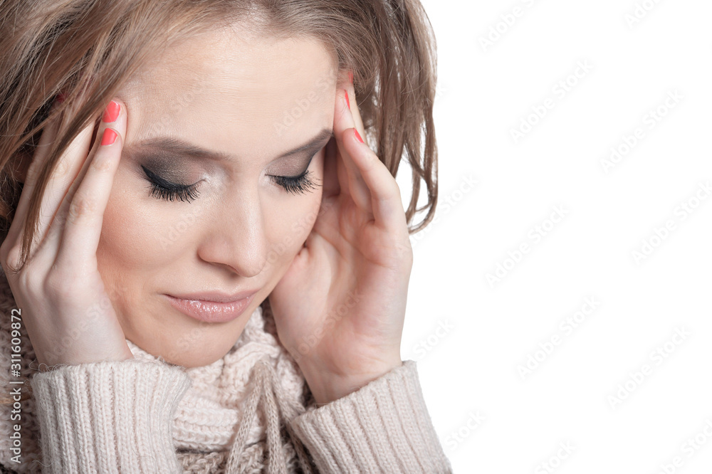 Close up portrait of beautiful sad woman isolated on white Close up portrait of beautiful sad woman isolated on white