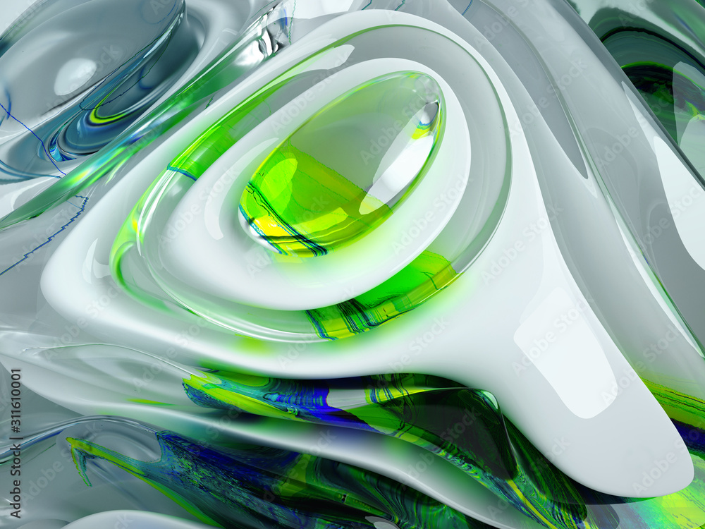 3d render of art 3d background with part of abstract 3d ball in organic curve round wavy smooth and soft bio forms in white glossy ceramic material with glass parts in green and yellow acrylic color 3d render of art 3d background with part of abstract 3d ball in organic curve round wavy smooth and soft bio forms in white glossy ceramic material with glass parts in green and yellow acrylic color