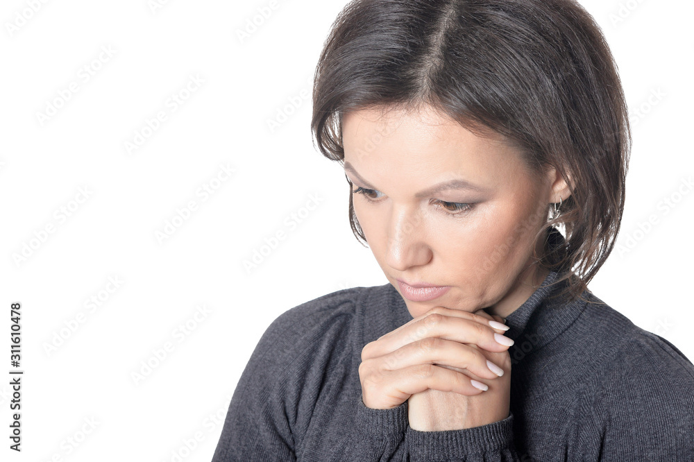 Close up portrait of beautiful sad woman isolated on white Close up portrait of beautiful sad woman isolated on white