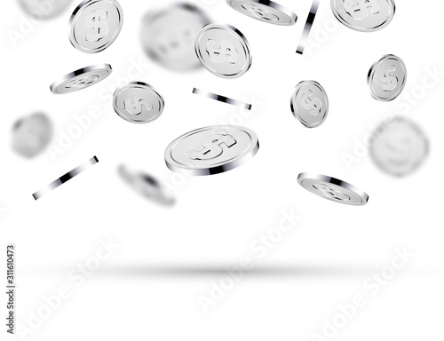 Silver falling coins vector realistic casino background, 3d coin money illustration