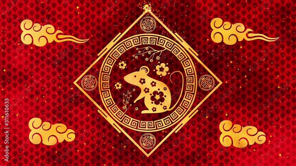 Lunar New Year, Spring Festival background with golden rat, red silk pattern. Chinese new year red paper backdrop for holiday event. 3D rendering animation. Seamless loop 4k Lunar New Year, Spring Festival background with golden rat, red silk pattern. Chinese new year red paper backdrop for holiday event. 3D rendering animation. Seamless loop 4k