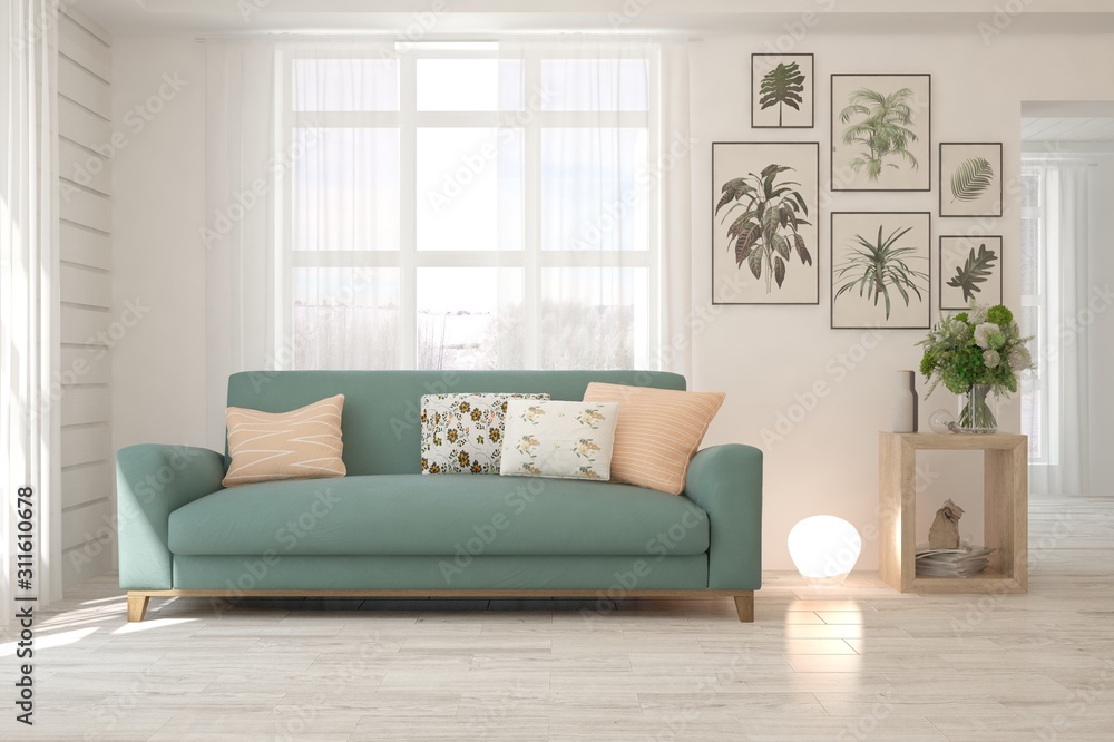 Fototapeta premium Stylish room in white color with sofa. Scandinavian interior design. 3D illustration