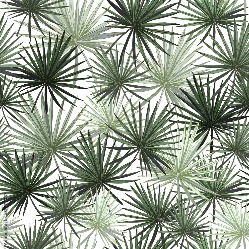 Seamless pattern green leaves of palm trees on a white background. stock illustration. popular trend drawing isolated on white background.canaple leaves print for fabric wallpaper textile design