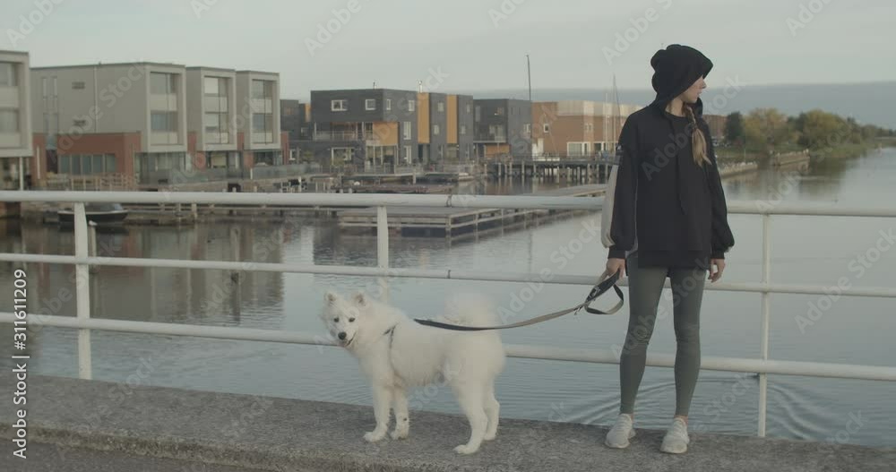 Young woman wearing black hoodie getting fun with her big white samoyed dog while running in the early morning near the river Young woman wearing black hoodie getting fun with her big white samoyed dog while running in the early morning near the river