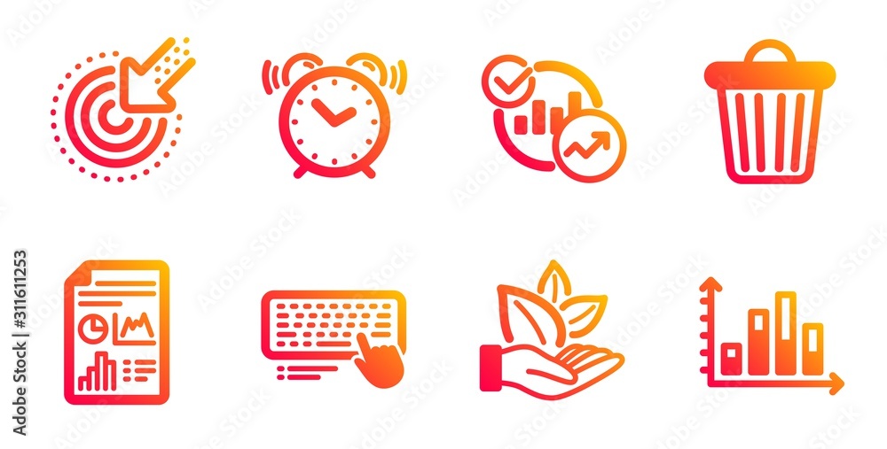 Statistics, Trash bin and Targeting line icons set. Alarm clock, Computer keyboard and Report document signs. Organic product, Diagram graph symbols. Report charts, Garbage. Science set. Vector