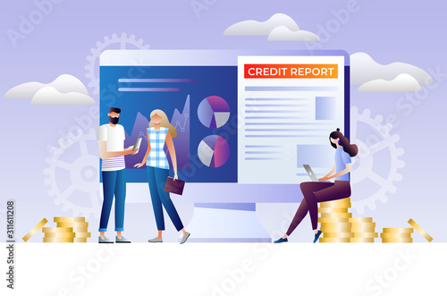 credit report vector illustration concept, people analysis calculate credit report, can use for landing page template, ui, web, mobile app, poster, banner, flyer