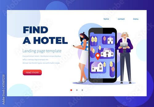 Design concept of hotel search and booking online. Hotel building detailed and reservation application interface. Vector illustration