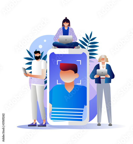 Face recognition using a laser concept ID, people hold  phone in hands and scans the application face, modern technology - Vector. Character design. Can use for landing page, banner, flyer, app web