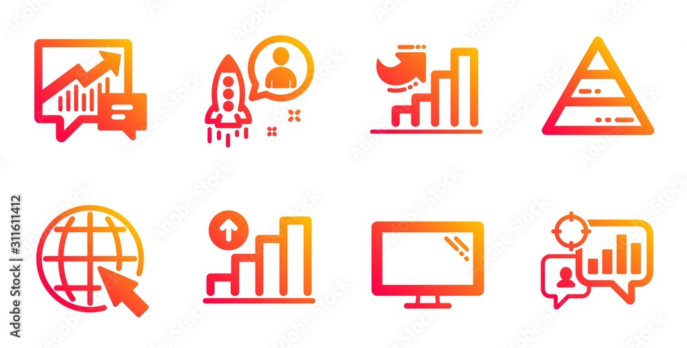 Startup, Graph chart and Internet line icons set. Growth chart, Monitor and Accounting signs. Seo statistics symbol. Developer, Growth report. Technology set. Gradient startup icons set. Vector