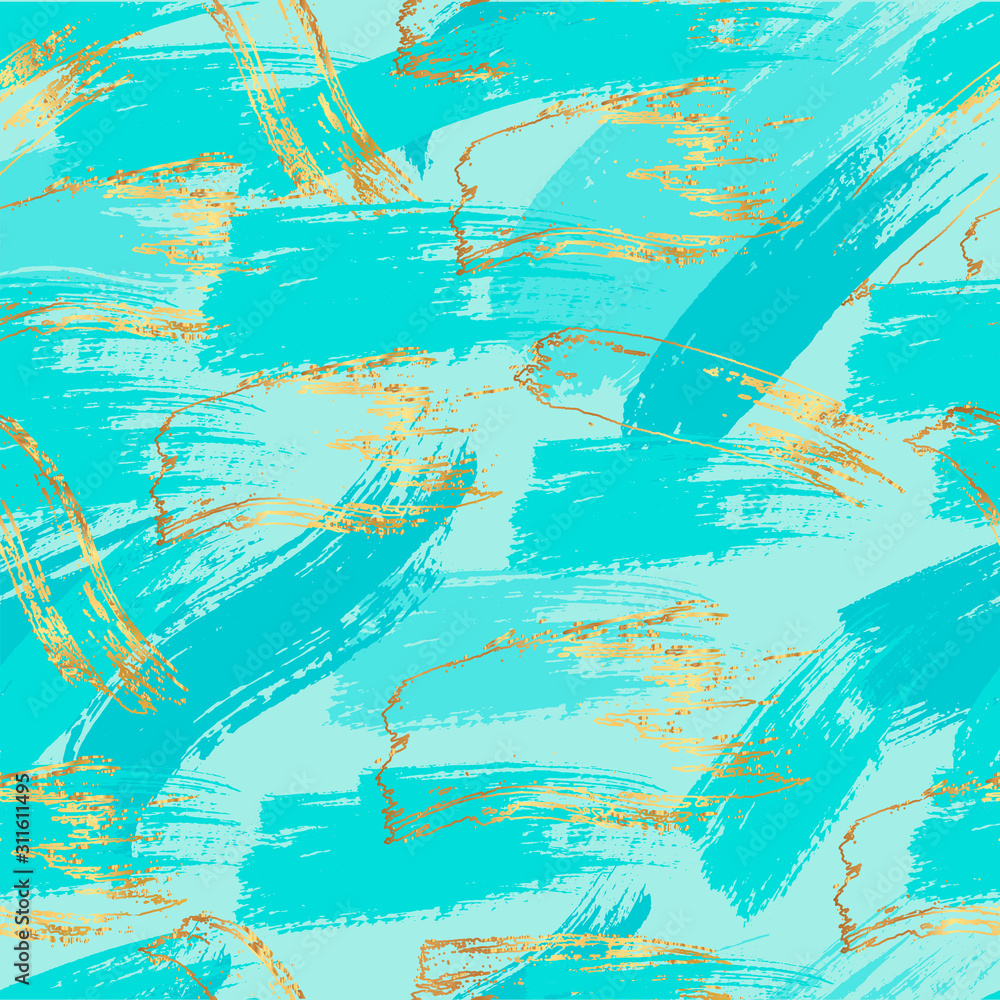 Fototapeta premium Seamless pattern. Abstract background in blue colors. Gold brush strokes. Vector