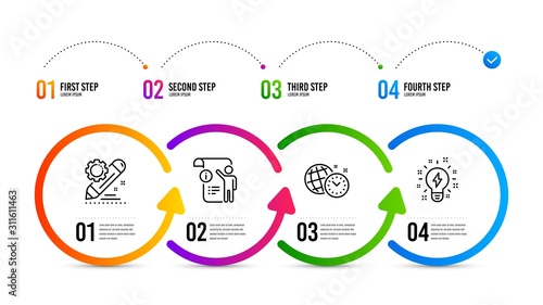 Inspiration sign. Infographics timeline. Manual doc, Project edit and Time management line icons set. Project info, Settings, World clock. Creativity. Education set. Manual doc icon. Vector