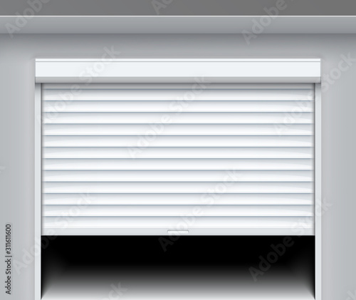 Rolling shutter door. Roller garage metal gate. Electric roll white window background shutter