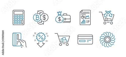 Set of Finance icons, such as Salary, Calculator, Bitcoin exchange, Credit card, Internet shopping, Report document, Cross sell, Discount, Payment card, Fan engine line icons. Line salary icon. Vector
