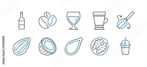 Set of Food and drink icons, such as Walnut, Wine, Almond nut, Coffee beans, Cooking whisk, Coconut, Pumpkin seed, Wine glass, Latte, Coffee cocktail line icons. Line walnut icon. Vector