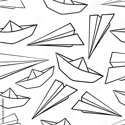 Origami paper boats and paper planes seamless hand drawn pattern. Paper models of planes. Paper models of boats. Vector illustration