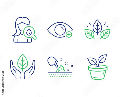 Moisturizing cream, Farsightedness and Organic tested line icons set. Skin moisture, Fair trade and Leaves signs. Face lotion, Eye vision, Bio ingredients. Wet cream. Healthcare set. Vector