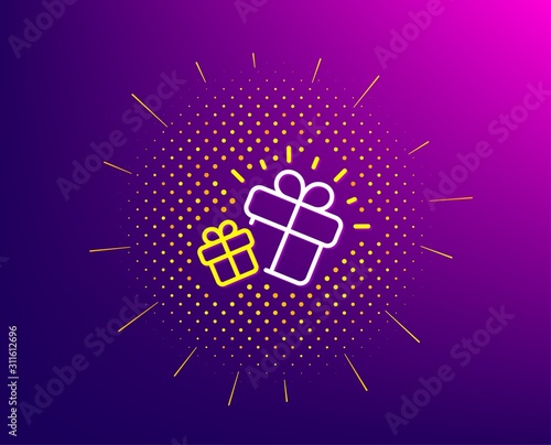 Gifts line icon. Halftone pattern. Present box sign. Brand marketing symbol. Gradient background. Gift line icon. Yellow halftone pattern. Vector
