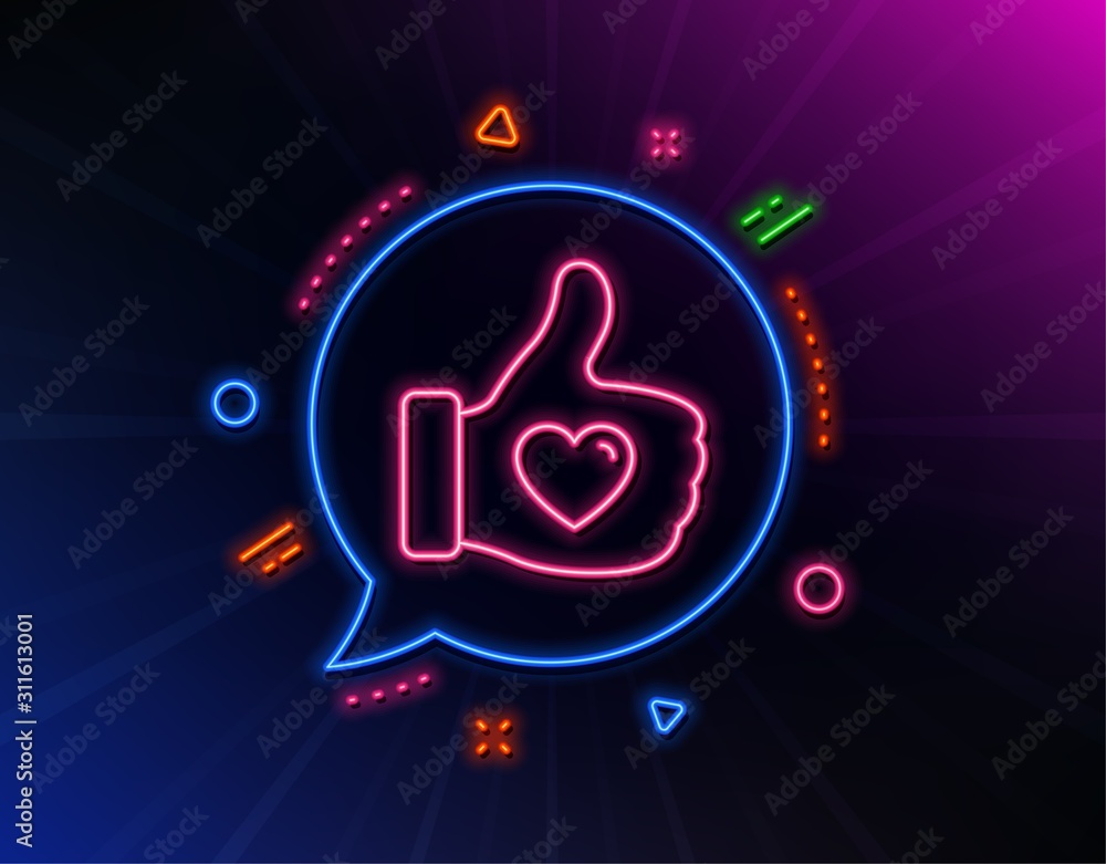 Like hand line icon. Neon laser lights. Thumbs up finger sign. Brand ambassador gesture symbol. Glow laser speech bubble. Neon lights chat bubble. Banner badge with like hand icon. Vector Like hand line icon. Neon laser lights. Thumbs up finger sign. Brand ambassador gesture symbol. Glow laser speech bubble. Neon lights chat bubble. Banner badge with like hand icon. Vector