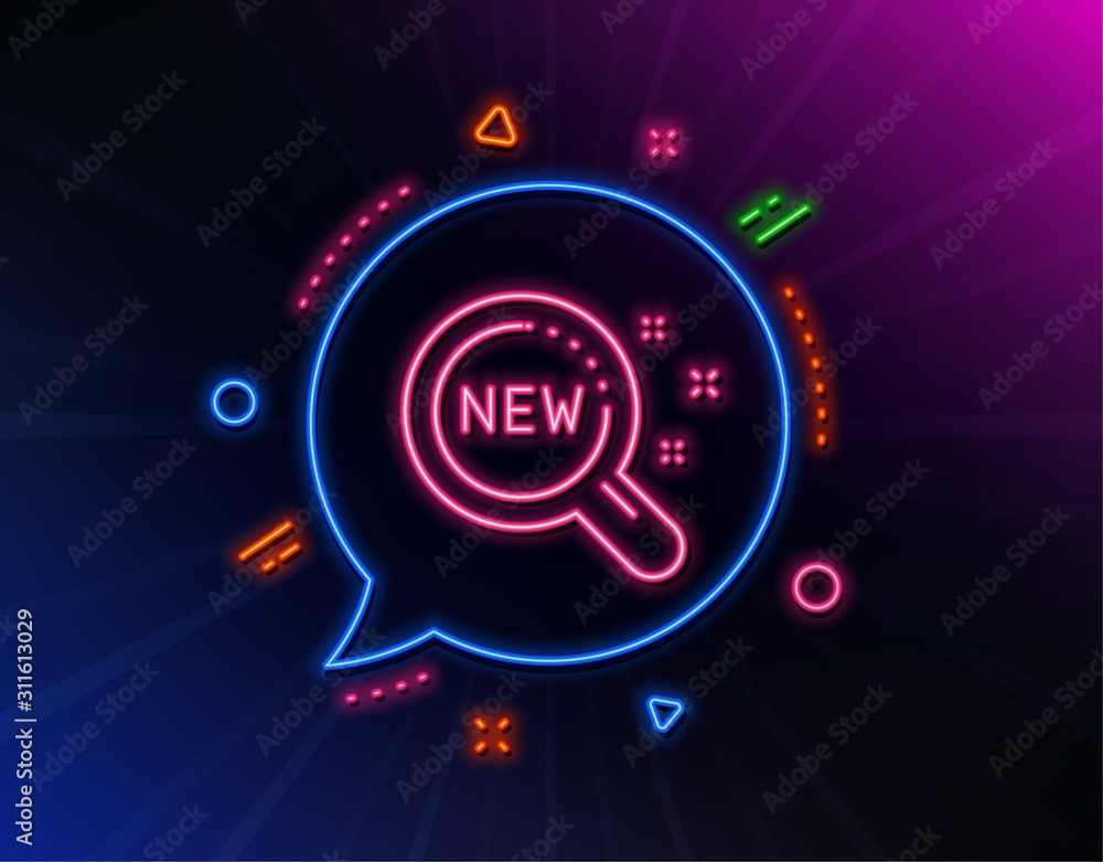 New products line icon. Neon laser lights. Search sign. Magnifier glass symbol. Glow laser speech bubble. Neon lights chat bubble. Banner badge with new products icon. Vector New products line icon. Neon laser lights. Search sign. Magnifier glass symbol. Glow laser speech bubble. Neon lights chat bubble. Banner badge with new products icon. Vector