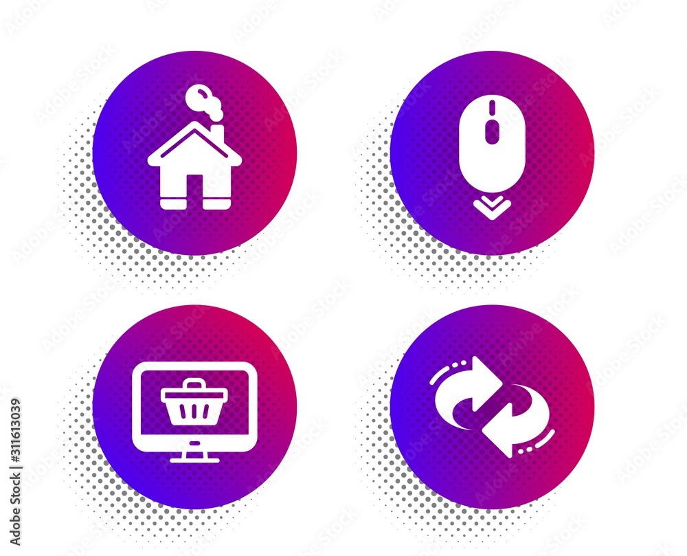Home, Web shop and Scroll down icons simple set. Halftone dots button. Refresh sign. House building, Shopping cart, Mouse swipe. Rotation. Technology set. Classic flat home icon. Vector Home, Web shop and Scroll down icons simple set. Halftone dots button. Refresh sign. House building, Shopping cart, Mouse swipe. Rotation. Technology set. Classic flat home icon. Vector