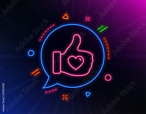 Like hand line icon. Neon laser lights. Thumbs up finger sign. Brand ambassador gesture symbol. Glow laser speech bubble. Neon lights chat bubble. Banner badge with like hand icon. Vector