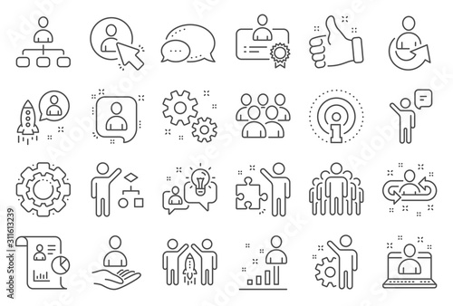 Management line icons. Set of Business audit, Startup strategy and Employee icons. Business strategy, Startup and Teamwork. Organization management, report and group algorithm. Employee job. Vector