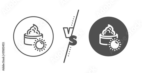 Skin care sign. Versus concept. Sun face cream line icon. Cosmetic lotion symbol. Line vs classic sun cream icon. Vector