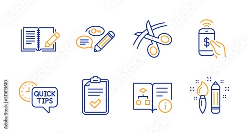 Quick tips, Checklist and Feedback line icons set. Phone payment, Keywords and Technical algorithm signs. Scissors, Creativity symbols. Helpful tricks, Survey. Education set. Vector