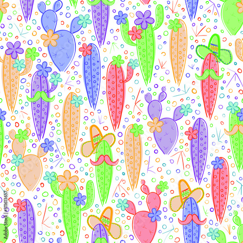 Seamless pattern with colorful cactus in Mexican style with sombrero and mustache