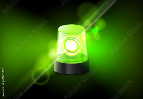 Green siren flasher lamp. Urgency ambulance siren vector alarm background