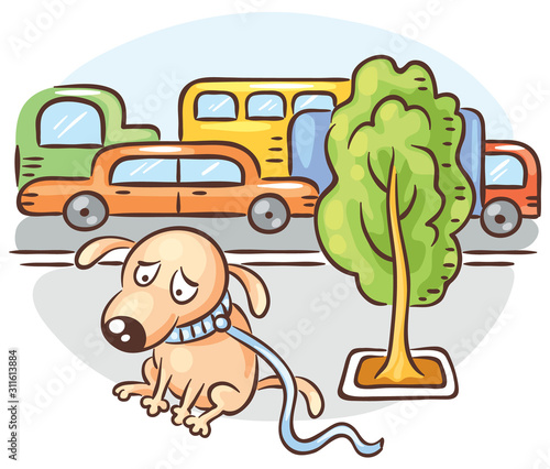 A dog is lost in a busy city street