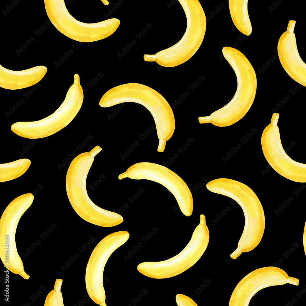 Watercolor seamless pattern with hand yellow bananas on black background. Kids background illustration. Hand drawn. Watercolor seamless pattern with hand yellow bananas on black background. Kids background illustration. Hand drawn.