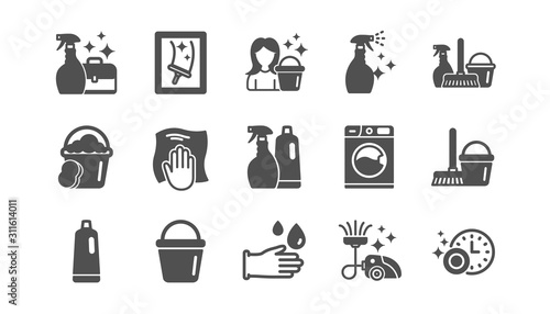 Cleaning icons. Laundry, Window sponge and Vacuum cleaner. Washing machine classic icon set. Quality set. Vector