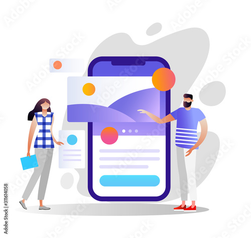 Mobile app development concept with characters. UI/UX design. Testing the interface and usability of app. Can use for web banner, infographics, hero images. Flat isometric vector illustration. 