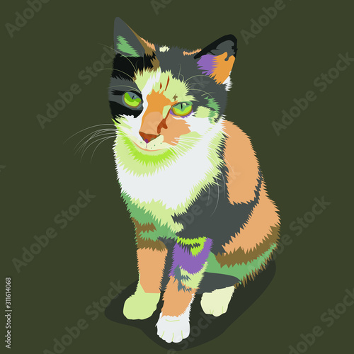 Tricolor kitten against brown background. The kitten is sitting quietly and looking forward.