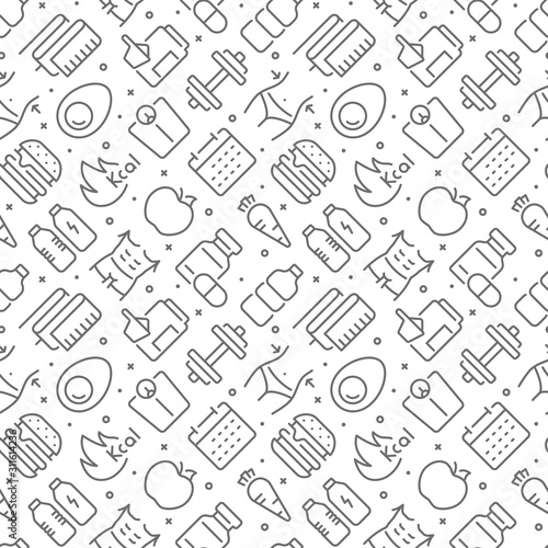 Fitness and diet related seamless pattern with outline icons