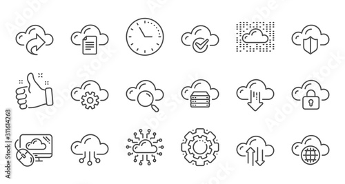 Computer cloud icons. Hosting, Computing data and File storage. Computer sync technology linear icon set. Quality line set. Vector
