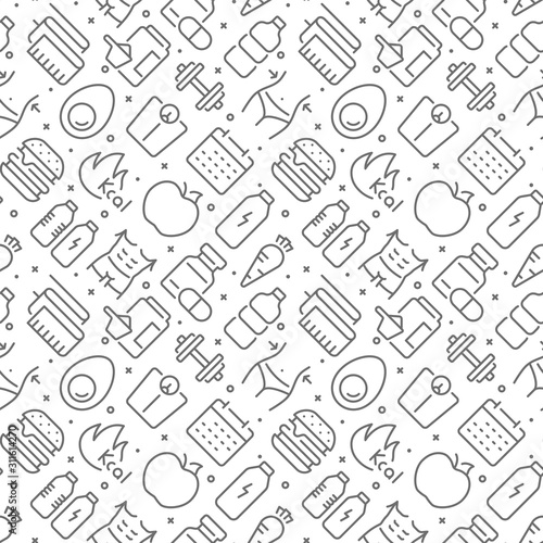 Fitness and diet related seamless pattern with outline icons