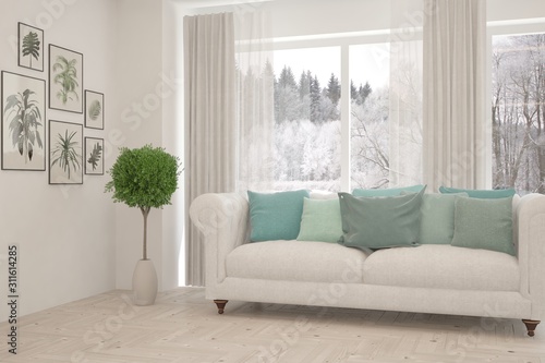 Stylish room in white color with sofa and winter landscape in window. Scandinavian interior design. 3D illustration