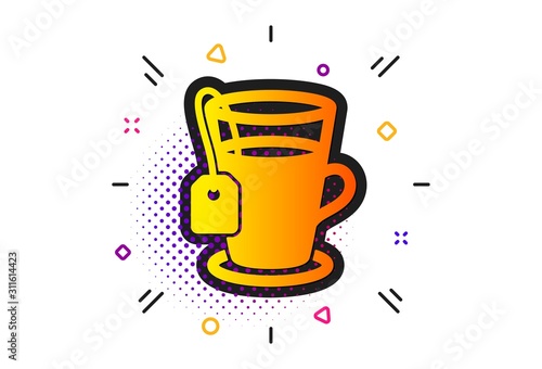 Hot drink sign. Halftone circles pattern. Tea with bag icon. Fresh beverage symbol. Classic flat tea icon. Vector