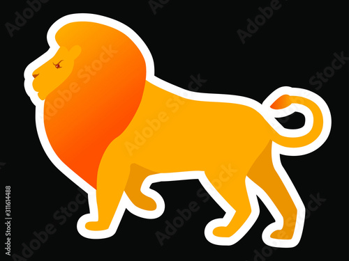 Illustration of a male lion on a black background. Big golden lion with a mane. Wild feline.