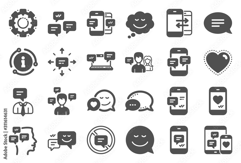 Message sms and Communication icons. Group chat, Conversation and Speech bubbles icons. SMS communication, Phone chat and Stop talking symbols. Conversation group, smartphone message, info. Vector Message sms and Communication icons. Group chat, Conversation and Speech bubbles icons. SMS communication, Phone chat and Stop talking symbols. Conversation group, smartphone message, info. Vector