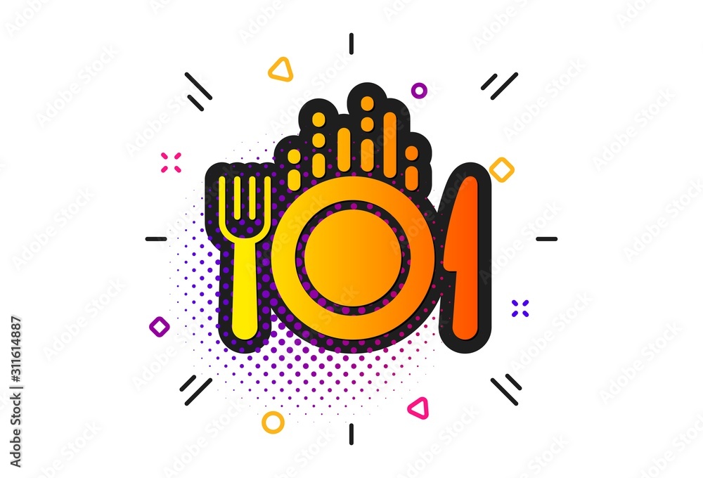 Fototapeta premium Cutlery sign. Halftone circles pattern. Food icon. Fork, knife symbol. Classic flat food icon. Vector