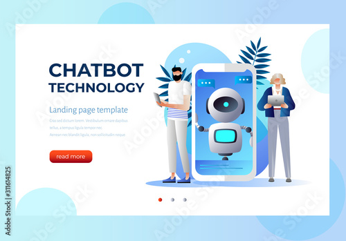 Users with digital gadgets chatting with chatbot. Social media bots, messenger chat-bot, auto reply software concept. Isometric 3D illustration with characters. Landing page template