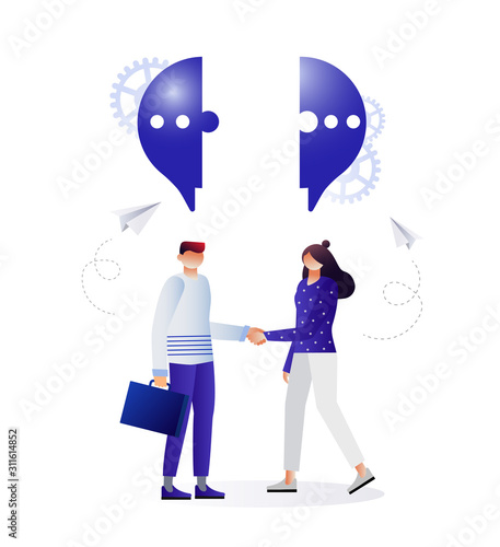 Businessmen discuss social networks, news, social networks, chat, dialogs, speech bubbles, thoughts puzzle. Vector illustration with characters