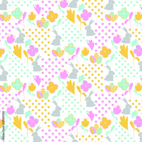 Seamless easter pattern with bunnies and flowers 